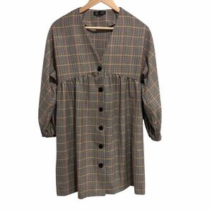 Zara Plaid Button-Up Dress with Black Buttons and Cuffed Wrists Size Medium